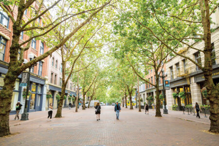 People walk down an outdoor brick corridor lined with green trees and brick buildings.