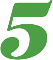 A bold, green number 5 with a stylized, leaf-like extension on the top right, set against a white background.