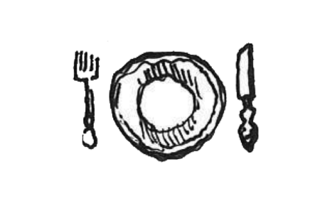 A hand-drawn image of a fork on the left, an empty plate in the center, and a knife on the right, arranged as a simple table setting.