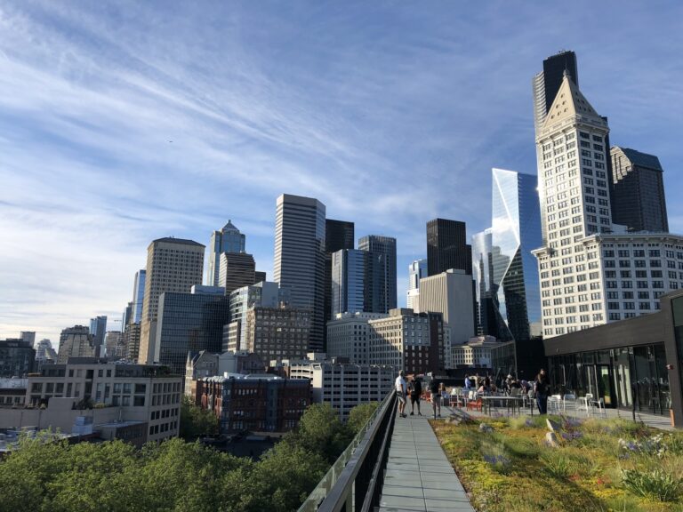 A rooftop urban garden in a downtown Seattle neighborhood overlooks a city skyline filled with modern skyscrapers against a blue sky. Lush greenery and a paved path provide a serene foreground, contrasting the bustling cityscape in the background.