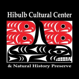 Logo for Hibulb Cultural Center & Natural History Preserve featuring Native American art style. Red fish are positioned above a black whale. The design is set against a black background.