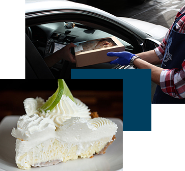 A person wearing blue gloves hands a boxed item through a car window. Below, a slice of pie with whipped cream and a lime garnish sits on a plate.