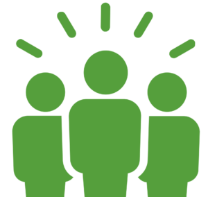 Three green figures stand side by side, with the central figure slightly taller and featuring three rays above its head, symbolizing leadership or distinction. The image uses a simple silhouette style on a white background.