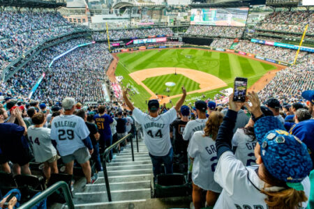 A crowd cheering at a baseball stadium.