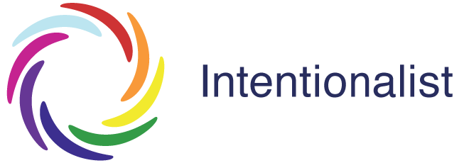 Logo of Intentionalist featuring a circular design made of multicolored curved lines in red, orange, yellow, green, blue, and purple, next to the word "Intentionalist" in dark blue text.