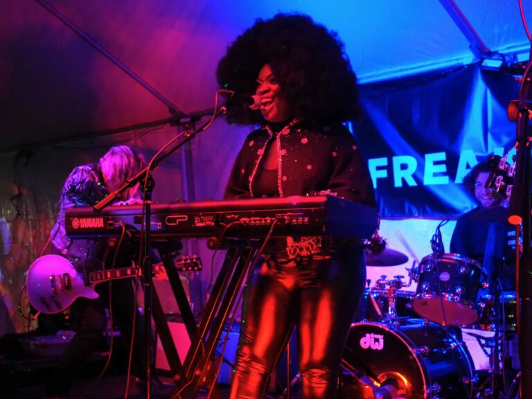 A musician with an afro hairstyle and shiny black outfit plays a keyboard and sings on stage. A guitarist and drummer are in the background under vibrant stage lighting. A banner with partial text "FREAK" is visible behind them.