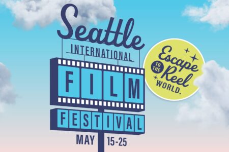 Illustration for the Seattle International Film Festival with a retro sign showing dates May 15–25, blue sky and clouds, and a yellow circle reading “Escape to the Reel World.”.