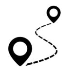 A black icon of two location pins connected by a curved, dotted line on a white background, representing a route or journey between two points.