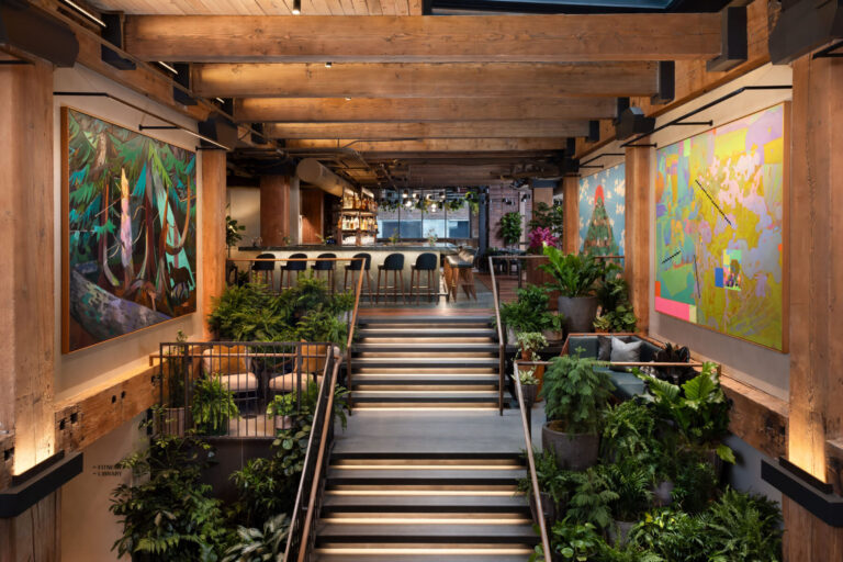 A modern interior with wooden beams, lush green plants, wide stairs, colorful abstract paintings on the walls, and a bar with black stools in the background. Natural light floods the space, creating a cozy atmosphere.