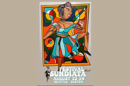 Colorful poster of a dancer in a blue outfit with abstract geometric patterns and a vibrant background, promoting Festival Sundiata, August 23-24, Seattle Center.
