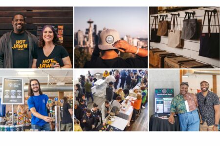A collage of six photos shows people at a market event, including vendors smiling, a man in a cityscape wearing a hat, tote bags on a wall, a bartender pouring drinks, and a crowd at tables.