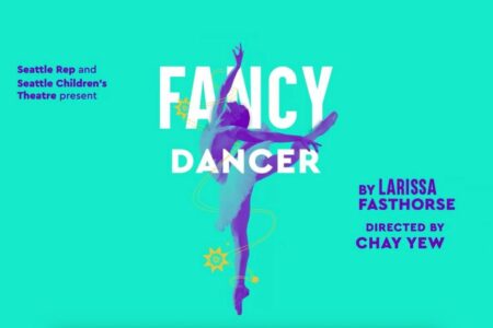 A dancer leaps gracefully in the center against a teal background. Text reads: 