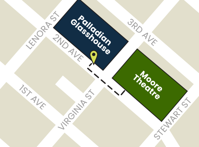 Map showing Palladian Glasshouse on 2nd Ave near Lenora St, and Moore Theatre on 2nd Ave near Stewart St, with a dashed line path connecting the two across Virginia St and 3rd Ave.