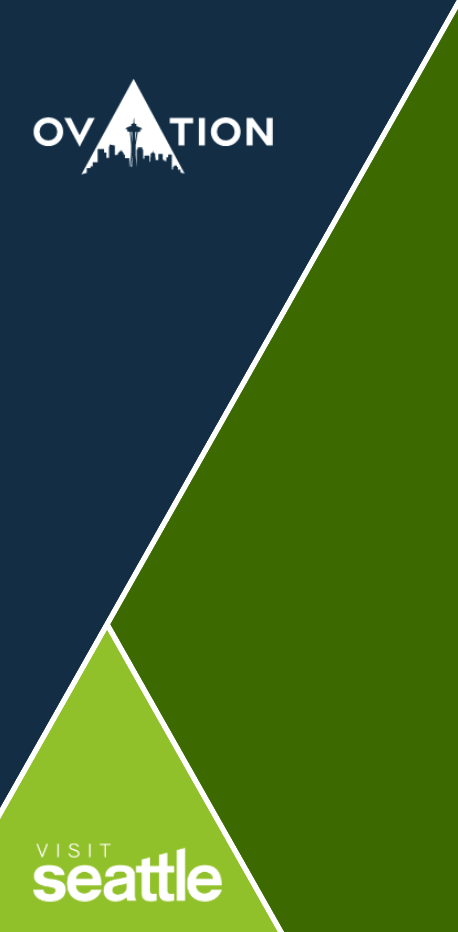 Geometric graphic with blue and green sections. "Ovation" appears at the top with a Seattle skyline, and "Visit Seattle" is in white text at the bottom left on a light green background.
