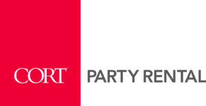 Logo with a red rectangle on the left containing the word "CORT" in white text, and the words "PARTY RENTAL" in gray text on a white background to the right.