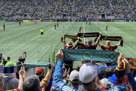 Fans in a crowded stadium cheer and hold up scarves as a soccer match is played on a green field, with players in action and spectators filling the stands in the background.