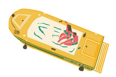 Illustration of two people relaxing in a hot tub on a yellow boat with “HOT TUB BOATS” written on the side. They are wearing swimsuits, holding drinks, and enjoying the water.