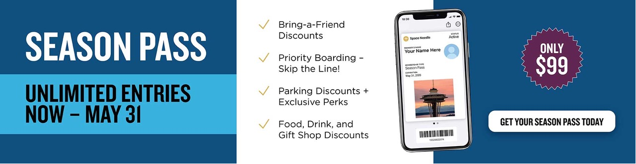 Season pass promotion: "Unlimited Entries Now – May 31." Features include bring-a-friend discounts, priority boarding, parking perks, and food, drink, and gift shop discounts. Pass price is $99. Image of phone showing digital pass.