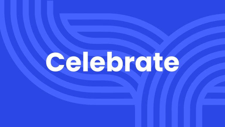 Bold white text reading “Celebrate” is centered on a blue background with abstract, curved line patterns in lighter blue.