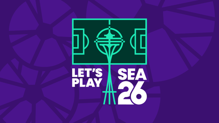A graphic of a soccer field with Seattle’s Space Needle at the center. Text reads "LET'S PLAY SEA 26" on a purple background with subtle abstract designs.