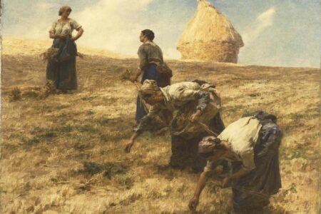 Four women in peasant clothing gather crops in a golden field under a partly cloudy sky, with a large haystack in the background. Three are bent over working, while one stands upright watching them.