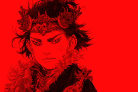 A serious-looking person with wild hair wears a crown adorned with small animal skulls and a fur-lined cloak, illustrated in detailed black lines against a bright red background.