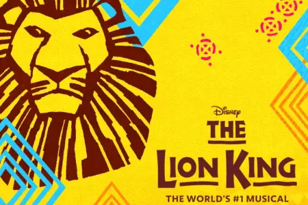 Stylized illustration of a lion’s face on a bright yellow background with geometric patterns. Text reads: 