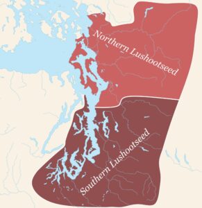 A map showing the regions of Northern and Southern Lushootseed, divided by a white line. Waterways and land boundaries are illustrated in blue and beige.