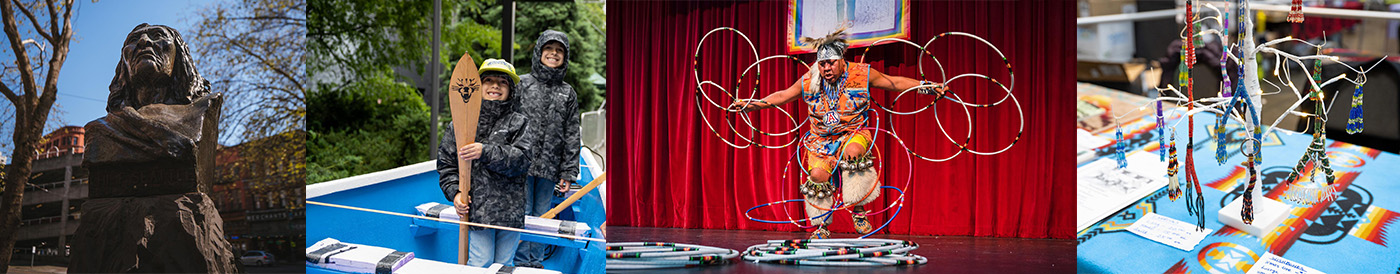 A collage showing: a wooden sasquatch statue outdoors, two people in gorilla costumes smiling, a performer dancing with multiple hoops on stage, and a close-up of colorful beaded crafts on a table.