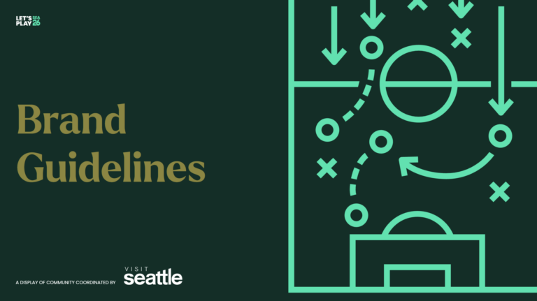 Dark green graphic with "Brand Guidelines" in gold text on the left, and a stylized illustration of a sports play with arrows, circles, and Xs over a soccer field layout on the right. "Visit Seattle" appears at the bottom.