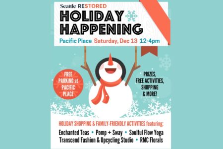 Event flyer with a smiling snowman holding a banner that reads “Holiday Happening” at Pacific Place, Saturday, Dec 13, 12–4pm. Includes free parking, prizes, activities, shopping, and a list of featured vendors.