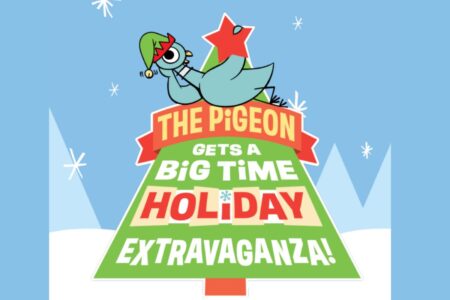 A cartoon pigeon wearing a green elf hat lies on a star atop a Christmas tree-shaped sign that reads, 