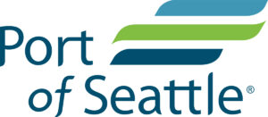 Port of Seattle logo with "Port of Seattle" text in blue and two stylized, curved lines above—one green and one blue—resembling waves or airflow.