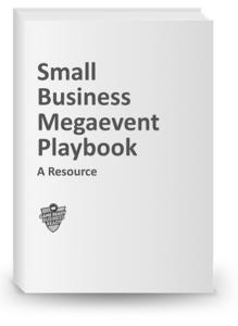 A white book titled "Small Business Megaevent Playbook: A Resource" stands upright against a plain background, featuring a small logo resembling a badge near the bottom left corner of the cover.