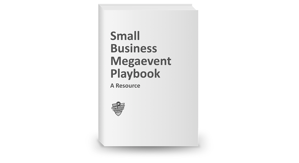 A white book titled "Small Business Megaevent Playbook: A Resource" stands upright against a plain background, featuring a small logo resembling a badge near the bottom left corner of the cover.