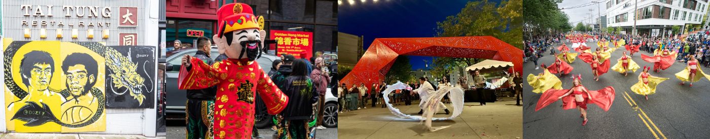A collage shows a Bruce Lee mural, a person in a traditional festival costume, a dancer performing under a red arch, and a parade with people in red and yellow costumes on a city street.