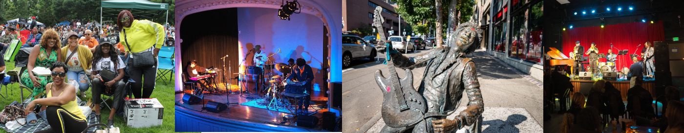 A collage shows: people gathered outdoors on lawn chairs, a band performing on a stage with blue lighting, a saxophone player statue on a city sidewalk, and a jazz band playing indoors under colorful lights.