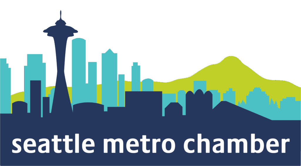 Logo with a blue and green Seattle skyline silhouette, including the Space Needle, and the text "seattle metro chamber" in white at the bottom.