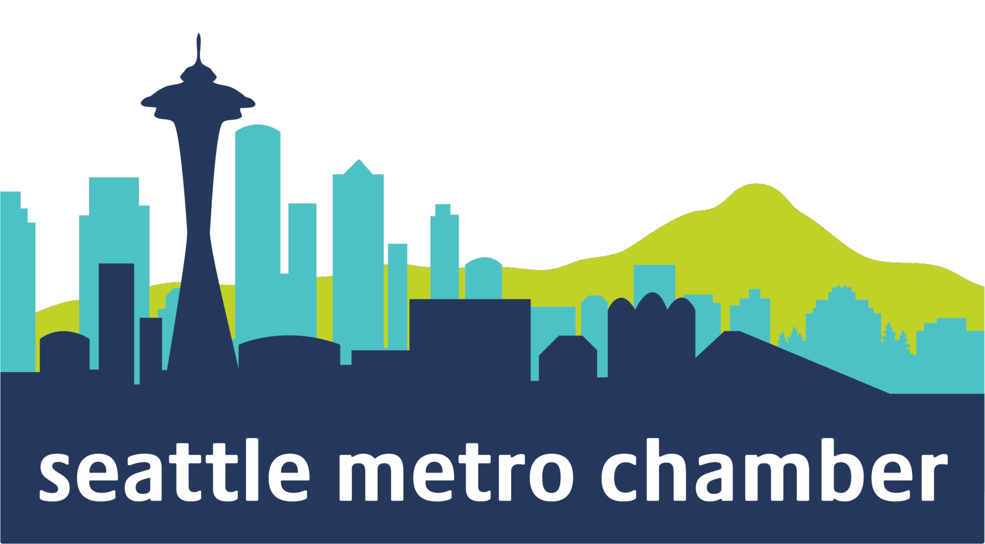 Logo with a blue and green Seattle skyline silhouette, including the Space Needle, and the text "seattle metro chamber" in white at the bottom.