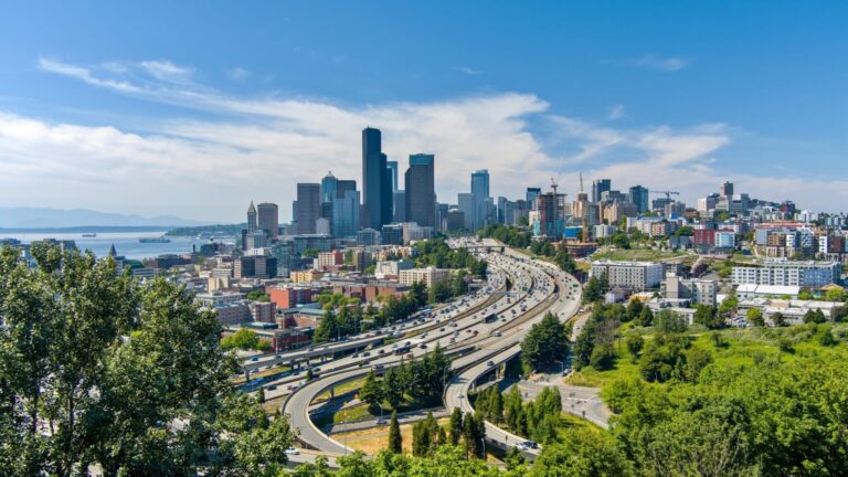 A view of a city skyline with many tall buildings, busy highways, green trees in the foreground, and water with distant mountains in the background under a blue, partly cloudy sky.