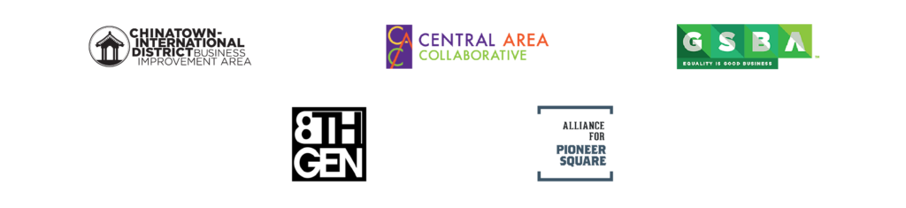 Logos of five organizations: Chinatown-International District, Central Area Collaborative, GSBA, 8th Gen, and Alliance for Pioneer Square, displayed on a light background in two rows.