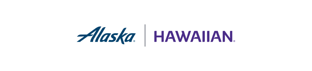 The image shows the Alaska Airlines logo in blue text on the left and the Hawaiian Airlines logo in purple text on the right, separated by a vertical line, on a light background.