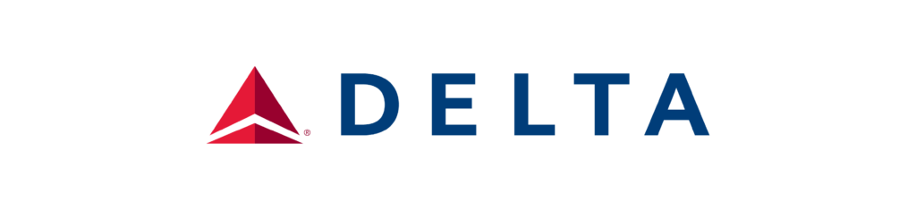 Delta logo featuring a red triangular emblem on the left and the word “DELTA” in bold blue capital letters on a light gray background.