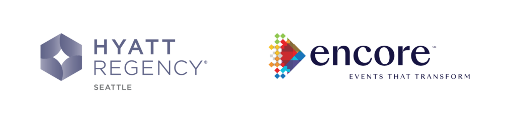 Logos of Hyatt Regency Seattle on the left, featuring a geometric hexagon icon, and Encore on the right with a colorful triangular logo and the slogan "Events That Transform" underneath.