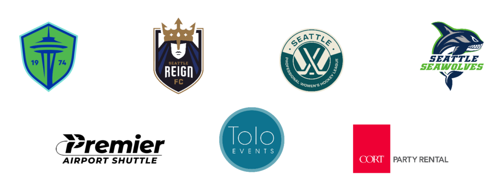 Seven logos are shown, including four Seattle sports teams (Sounders, Reign FC, women’s soccer, Seawolves) and three businesses (Premier Airport Shuttle, Tolo Events, and CORT Party Rental) on a light gray background.