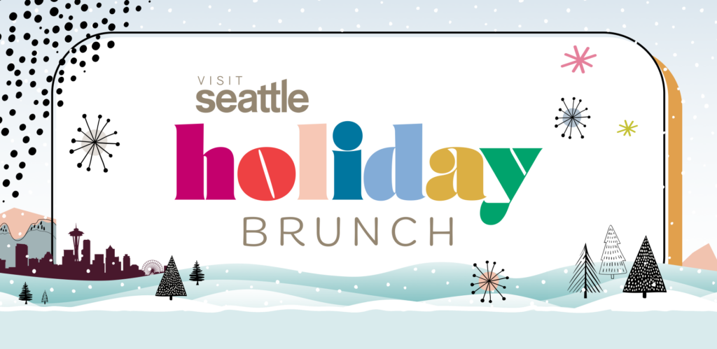 Colorful "Visit Seattle Holiday Brunch" text above a festive winter scene featuring snow, decorated trees, city skyline, and star-like decorations on a light background with falling snow.