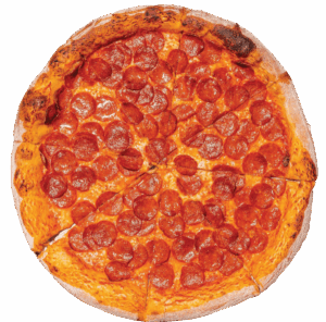 A whole pepperoni pizza with a golden-brown crust, topped with evenly spread slices of pepperoni and melted cheese, viewed from above on a white background.