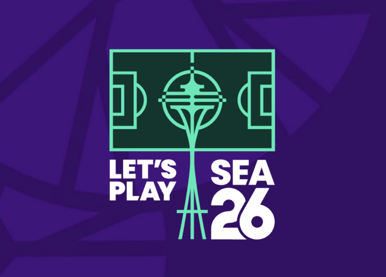 A graphic of a soccer field overlapping a stylized Space Needle, with the words "LET'S PLAY SEA 26" on a purple background.