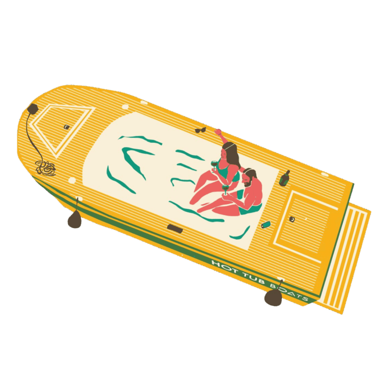 Illustration of two people relaxing in a hot tub on a yellow boat labeled "HOT TUB BOATS," with drinks and snacks nearby. The water in the hot tub has visible movement, and items are placed around the boat's deck.
