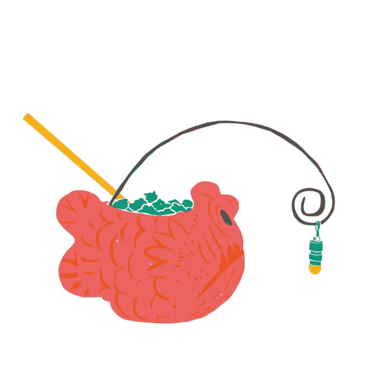 A whimsical illustration of a red fish-shaped cup filled with green ice cubes. A yellow straw is in the cup, and a spiral wire with a green and yellow charm is attached to the fish’s mouth.